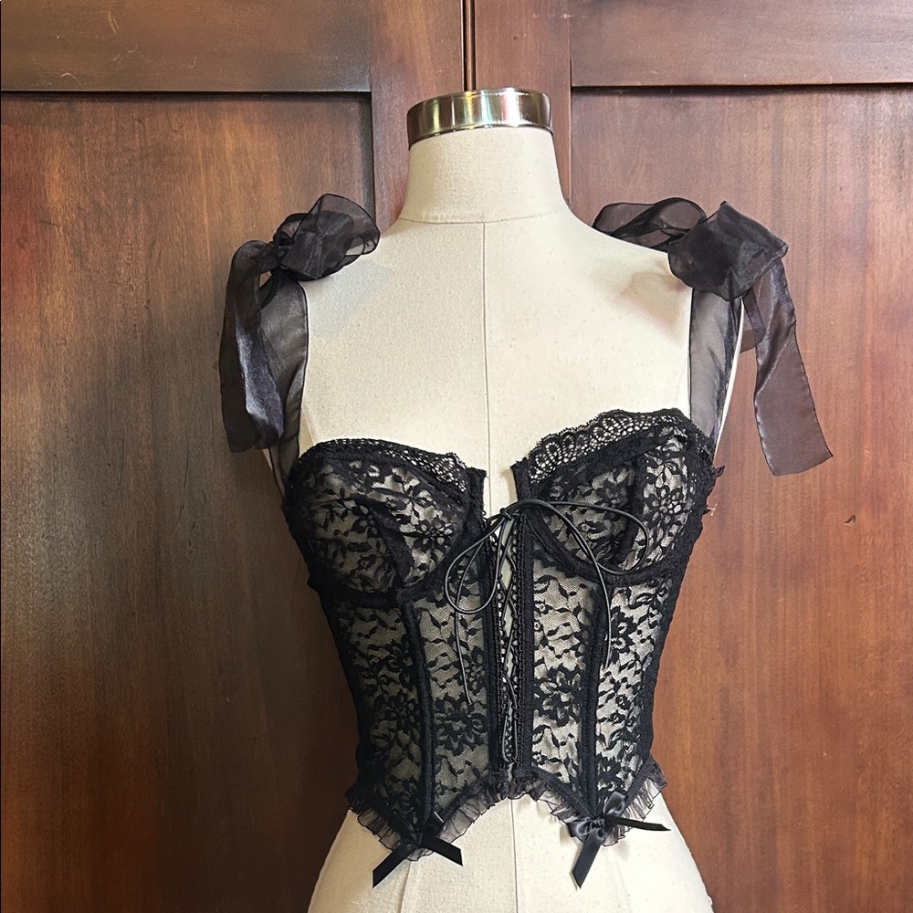 Black Lace Corset with Sheer Organza Bow Straps S